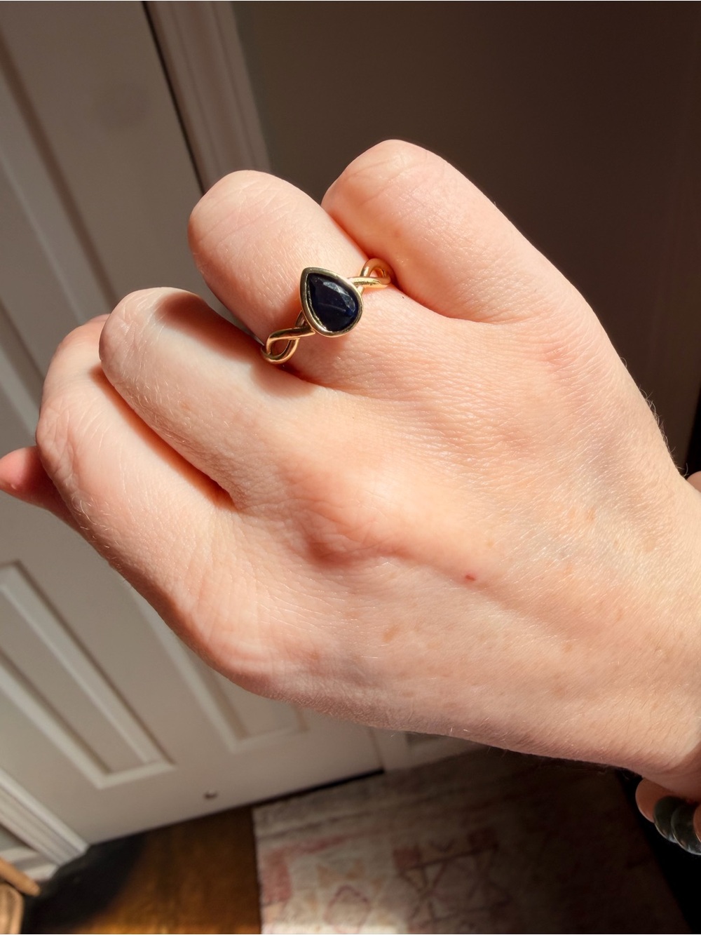Gold plated Teardrop blue sapphire Stone Ring - adjustable size